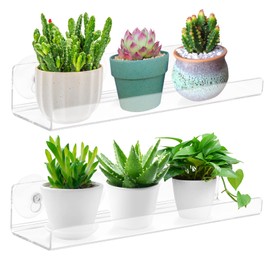 Skewo 2 Pack 12 Inch Acrylic Window Boxes Plant Shelves, with Suction Cup Window Sill Extender, for Indoor/Outdoor Succulents, Micro Greens, Seed Starter Pots, Herb Planters