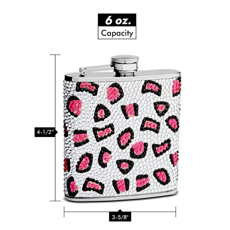 Genuine Rhinestones Hip Flask Holding 6 oz - Leopard Pattern
