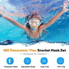 Seovediary Kids Snorkel Set, Anti-Fog Panoramic Tempered Glass Kids Snorkel mask, Anti-Leak Scuba Diving Mask with Mesh Bag, Dry Top Snorkeling Gear for Kids and Youth Age 4-16