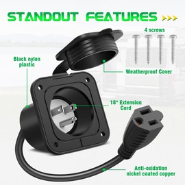 WOLFWILL 15 Amp AC Port Plug, 125V Power Flanged Inlet Socket with 18" Integrated Extension Cord Waterproof Cover NEMA 5-15 RV Shore Plug for RV Boat