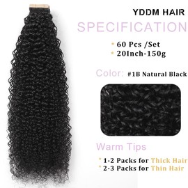YDDM Kinky Curly Tape in Hair Extensions for Black Women - Human Hair, 20 Inch, 60 Pieces, 150g