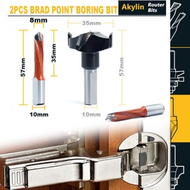 Akylintools 2Pcs Brad Point Boring Bit Dowel Drill Bits 8mm Dia x 57mm Long x 10mm Left Hand Carbide Tipped for Hinge and Screw,Matched Replacement Bits for Hinge Boring Machine