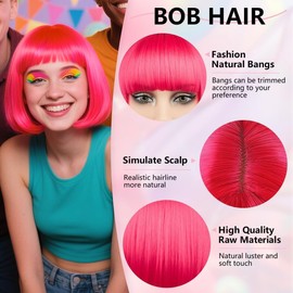 Pelucas Sintéticas para Mujer, Peluca Corta De Bob con Flequillo Pelucas de colores, Neón para Halloween Carnaval de Navidad de Mujer (Hot pink)