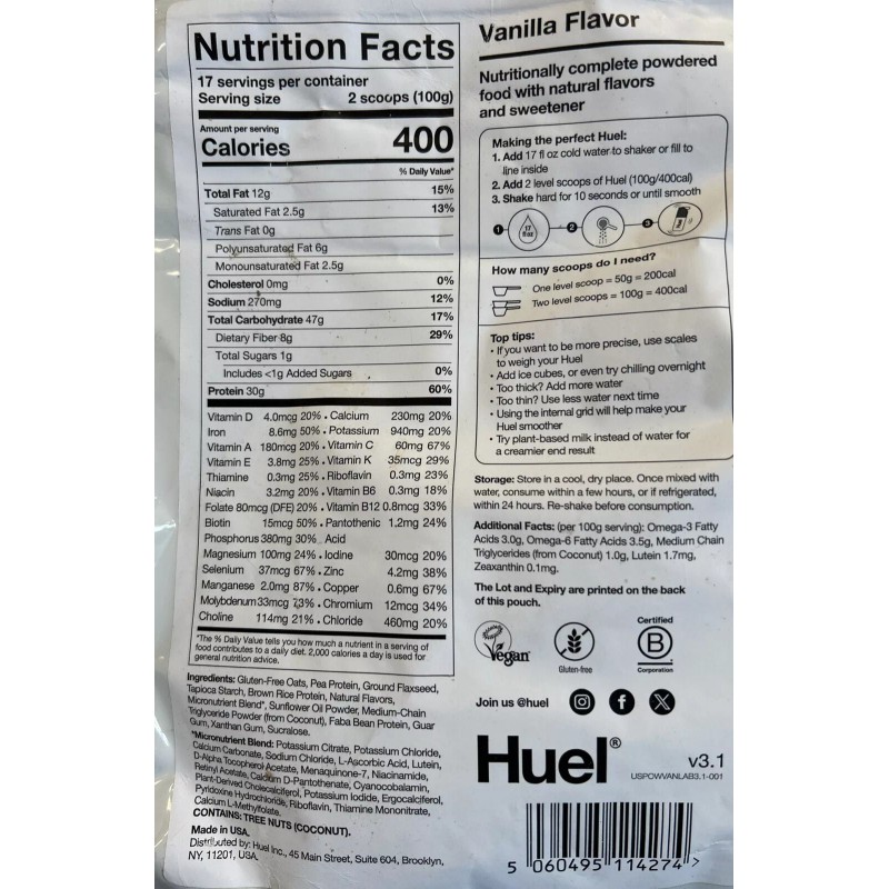 Huel Vanilla Flavor Nutritionally Complete Food Powder 100% Vegan Powdered