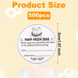 Pack of 500 Stickers with Fresh Eggs from the Farm, 5 cm Egg Stickers, Round Eggs Stickers, Labels, Egg Carton Stickers for Fresh Eggs, Chickens and Quail Egg Packaging Stickers