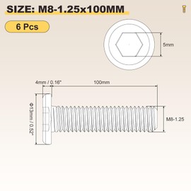 METALLIXITY Flat Head Hex Socket Cap Screws Bolts(M8-1.25x100) 6Pcs, 304 Stainless Steel Hex Socket Furniture Bolts Countersunk Screws - for Furniture Woodworking Project, Silver Tone