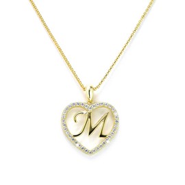 Letter Chain Necklace Letter M Gold for Women and Teenagers Letter Pendant Initial Letter Gift Idea Heart Necklace for Her Initials, Silver, Cubic Zirconia