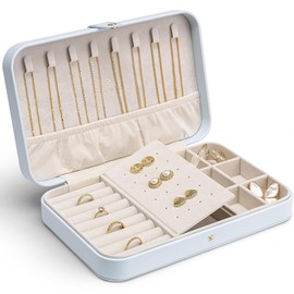 Vlando Travel Jewellery Box, Portable Jewellery Storage Case for Girls,PU Leather Storage for Earring Ring Necklace Bracelet with Adjustable Dividers Light Blue