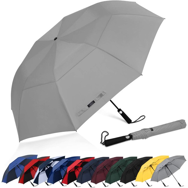 G4Free 62 Inch Portable Golf Umbrella Large Oversize Double Canopy Vented Windproof Waterproof Auto Open Folding Umbrellas(Gray)