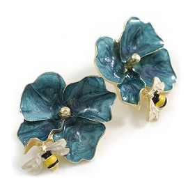Large Enamel Flower with Bee Motif Stud Earrings in Gold Tone in Teal/Yelow/White - 40mm Tall