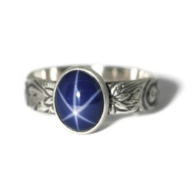 Salish Sea Inspirations Oval Created Blue Star Sapphire Ring Flower Pattern Vintage Silver (10x8mm N-S Mount)