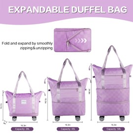NBERMOTION Expandable Rolling Duffle Bag - Large Carry-On With Spinner Wheels, Foldable Weekend Travel Bag, 28-58L Capacity(Purple)