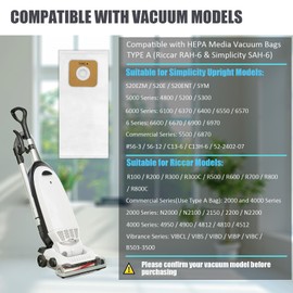 10 Pack Type A HEPA Vacuum Cleaner Bags Compatible with Riccar 2000/4000, Vibrance and R-Series & Simplicity Symmetry, S20EZM, 5000/6000 Series Upright Vacuum Cleaners, Replacement Part RAH-6/SAH-6