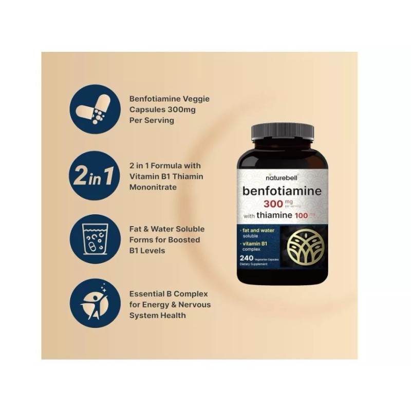 NatureBell Benfotiamine 300mg with Thiamine (Vitamin B1) 100mg, 240 Veggie