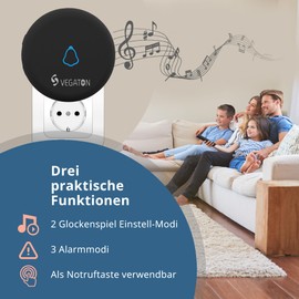 VEGATON Wireless bell, outdoor waterproof bell, waterproof with 1 plug-in receiver and 1 transmitter, wireless doorbell with 2 chimes setting modes, for doorbell, black