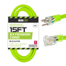 Iron Forge Cable Weatherproof 15 Ft Outdoor Extension Cord - 16/3 SJTW 13 Amp Heavy Duty Neon Green High Visibility Cable with 3 Prong - Lighted End