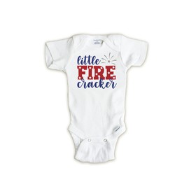 Little Firecracker Onesie, First Fourth of July Onesie Boy, 1st 4th of July Baby Girl Outfit, Patriotic Shirt For Baby, Red White Blue, Made in the USA (6-9 month, White onesie)