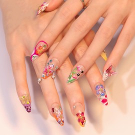 24Pcs Colorful Flower Press on Nails Medium Almond Handmade Fake Nails with 3D Butterfly Rhinestones Design Cute Full Cover Artificial Glue on Nails Hawaii False Nails Summer Stick on Nails for Women