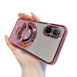 IMEIKONST Case Compatible with Honor 200, Gradient Glitter Ring Kickstand Case for Girls Women Lens Protection Shockproof TPU Rubber Bumper Cover for Honor 200. Rose Gold DS1