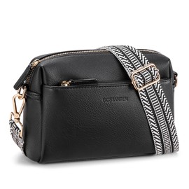 BOSTANTEN Small Crossbody Purse for Women Triple Zip Cell Phone Leather Shoulder Handbag with Wide Guitar Strap Black