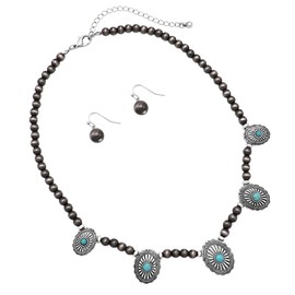 Rosemarie & Jubalee Women’s Cowgirl Chic Western Style Statement Turquoise Howlite Stone Concho Pendant Necklace Earrings Set, 18"+3" Extender (5 Conchs On Navajo Pearl Bead Chain)