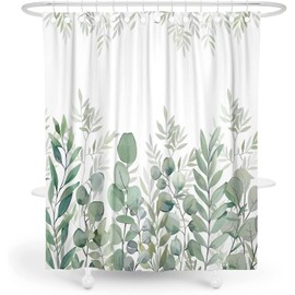 Sage Green Leaves Eucalyptus Shower Curtain Watercolor Botanical Plant Shower Curtain for Bathroom Decor Washable Fabric Spring Floral Curtain with 12 Hooks 72×72 Inches