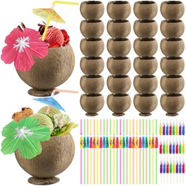 24 Set Coconut Cups, 17 Oz Natural Coconut Shell Cups, Coconuts Shaped Tiki Cup with Straws Cocktail Umbrella Picks for Birthday Beach Pool Hawaiian Luau Party Decorations