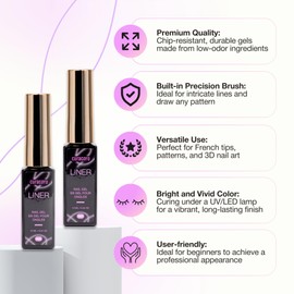 CURACORO Gel Liner Nail Art, Professional Nail Gel Polish, Long-Lasting, Chip-Resistant, Low Ordor Nail Gel, Built-in Precision Brush for Nail Lines, Patterns, French Nails, 3D Designs