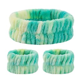 Spa headband and matching face wash wristband, Fluffy skincare headband, soft face makeup headband, Shower hair sleepover party supplies, gradient color tie-dye (Green, One size)