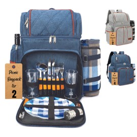 Rnoony Picnic Backpack for Camping, Picnic Basket for 2 with Insulated Cooler Bag and Bottle Pouch, Picnic Bag with Lightweight Blanket and Cutlery Set for Family, Couple and Hiking