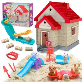 Crelloci House Building Play Sand Toys, House Mold 1.7lbs Magic Sand 4 Tools & Dog Slide Model, Construction Sensory Toy Magnetic Sand Set, Gift for Kids Boys Girls Age 3-8