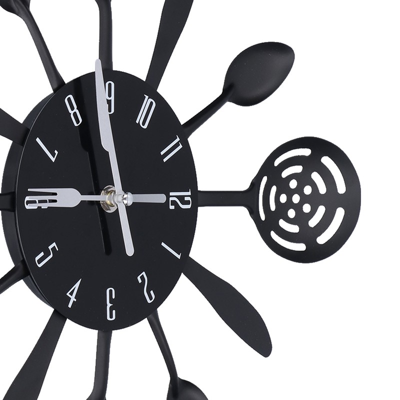 Black Kitchen Wall Clock Removable Modern Cutlery Kitchen Spoon Fork