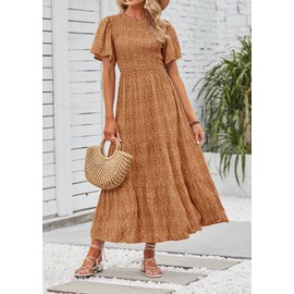 ZESICA Women's 2025 Summer Casual Floral Print Short Flutter Sleeve Crew Neck Smocked High Waist Flowy Maxi Dress,Brown,X-Large