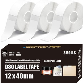 D30 Label Tape, Waterproof Thermal 12x40mm Label Tape for Phomemo D30 Labels Tape Print Master D30 Labels ASprink Q30 Q30S Label Maker Tape Refill Pristar P15 Label Maker Refills White 0.47" x 1.57"