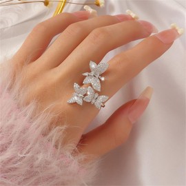 Elegant Butterfly Statement Rings for Women Cubic Zirconia Rhinestone Three Butterflies Insects Animal Wedding Wrap Open Engagement Ring Finger Band Jewelry