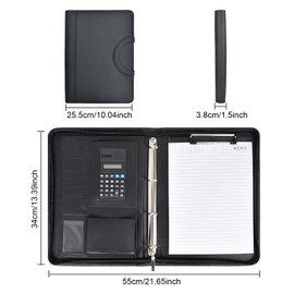 Colexy A4 Writing Case, Leather Conference Folder with Calculator, Waterproof Document Folder with Zip, Ring Binder, Clipboard, Notepad, Portfolio for Business Meeting, Black