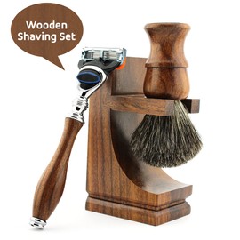 Haryali London Wooden Shaving Set with Safety Razor Badger Shaving Brush Shaving and Stand