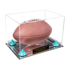 Better Display Cases Acrylic Football Display Case with Custom Name Plate, Clear Case, Light Blue Risers, and Mirror Base (A004/V41)