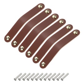 sourcing map 6 Packs Leather Drawer Pulls, Double Hole Leather Drawer Knobs Furniture Dresser Handles Pulls with Screws for Dressers Drawers Closet Cupboard, Brown/Gold(Hole Spacing:128mm)