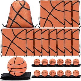 VioraWhite 12 Pcs Basketball Drawstring Bags with 12 Pcs Wrist Return Wrist Ball Basketball Party Favors Bag Sports Goodie Backpack Party Accessories for Exercise Teams Birthday Gift Supplies