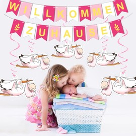 Welcome Home Baby, Pre-Assembled Welcome Garland, with 6 Stork for Birth, Baby Shower Decoration Girls, Welcome Home Garland, Welcome Home Baby