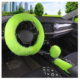 Younglingn Auto Steering Wheel Short Wool Cover Gear Shift Handbrake Fuzzy Cover 1 Set 3 Pcs Multi-Colored with Winter Warm Fashion for Girl Women Ladies Universal Fit Most Car (Grass Green)