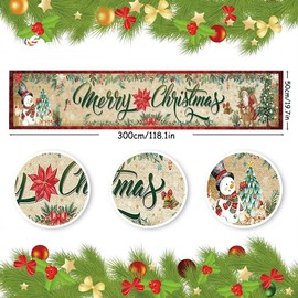 Merry Christmas Outdoor Banner Flag,300cm x 50cm Christmas Maple Leaf Snowman Santa Claus Party Decoration Large Porch Fence Banner Wall Decoration Yard Sign Lawn Sign for Christmas Xmas Hanging Decor