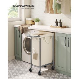 SONGMICS Laundry Basket with Wheels, Rolling Laundry Hamper, 23.8 Gallons (90L), Removable Liner, Steel Frame with Handle, Blanket Storage, 24 x 11.4 x 31.9 Inches, Cream White URLS003W01