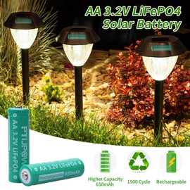 PTIJPOW AA 3.2V LiFePo4 650mAh Solar Battery, AA 3.2V Lithium Iron Phosphate Rechargeable Battery,3.2v Rechargeable Batteries for Garden Solar Light- (6-Pack)
