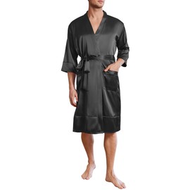 Ekouaer Mens Satin Robe Lightweight Silky Kimono Bathrobe 3/4 Sleeve Spa Knee Length Loungewear with Pockets