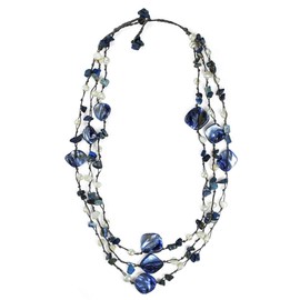 AeraVida Boho Summer Blue Shell Triple Layer Simulated Blue Quartz Statement Necklace | Triple Layer Blue necklace | Blue Bead Necklace | Boho Necklaces for Women