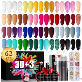 62 Pcs Semi-Permanent Nail Polish Kit - 30 Colors Semi-Permanent Nail Polishes with Base Coat and Glossy & Matt Top Coat, Autumn Nail Art UV/LED Gel Nail Polish with Brushes and Decorations