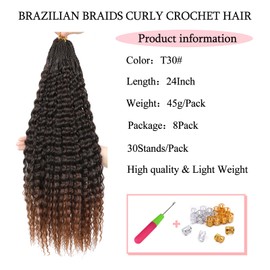 CAZSYSDD Pre Looped Brazilian Micro Kinky Curly Crochet Hair 8 Packs 24 Inch Water Wave Micro Curly Braiding Hair Extensions Deep Wave For Mini Senegalese Twist (T30#, 24 inch( Pack of 8))
