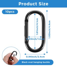 Pack of 10 Oval Spring Carabiner Hooks Large 49 mm Black Metal Ring Carabiner Buckle Clip Spring Snap Clasp Carabiner Ring for Travel Fishing Camping Hiking Hammocks Backpack